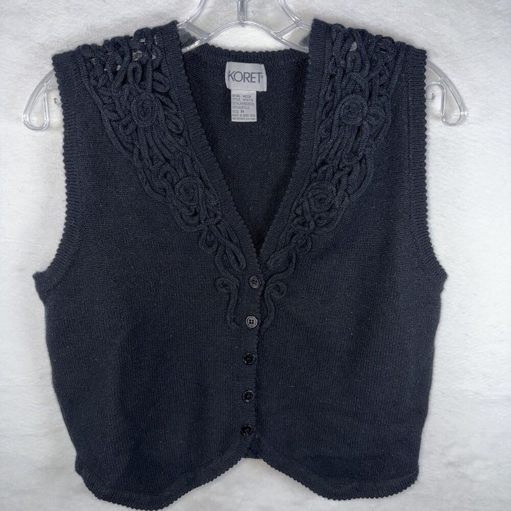 VTG Koret Sweater Vest Button‎ Lambswool Blend Black Granny Goth Romantic Sz M